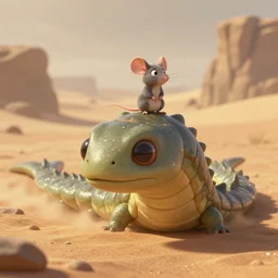 scifi concept art, a small desert mouse riding on the back of the giant sandworm, macro focus, pixar animation