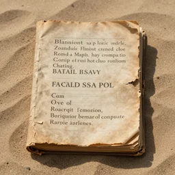alien language old torn book sand background realistic art