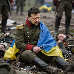 Volodymyr Zelensky at war,  dressed like  Napoleon Bonaparte,  sitting on the ground between dead corpses and weeping, holding a half burnt blue and yellow flag of Ukraine, in the style of Adam Ferguson