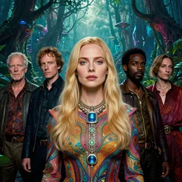 realistic detailed portrait movie shot of a beautiful blond woman with an alien, futuristic forest background by denis villeneuve, amano, yves tanguy, alphonse mucha, max ernst, kehinde wiley, caravaggio, roger dean, cyber necklace, rich moody colours, sci fi patterns, wide angle