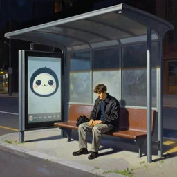 A mixed media painting of man waiting at bus stop by Frank Frazetta, Greg Rutkowski, Beeple, kawaii, post-processing, low angle, masterpiece, cinematic, isometric, volumetric lighting