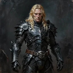 oil painting of a pale menacing dio brando with long blond hair and piercing eyes, genetically augmented super soldier, tall jagged black plate armor creeping darkness, by rembrandt