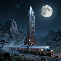 long organic alien weird David cronenberg rocket train mountain starry moonlit night sky H.R. Giger, Charles Vess, Gilbert Williams amazing landscape digital art 4k