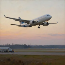 high quality high detail painting by ilya repin, dawn, plane landing in the airport, hd