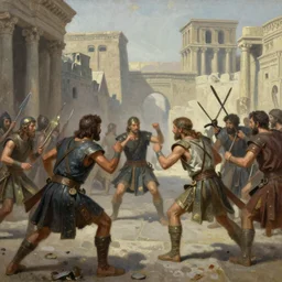 an epic matte painting of podcasters fighting in the streets of an ancient city during the bronze age collapse, soft lighting, very coherent, oil on canvas in the style of John grimshaw,