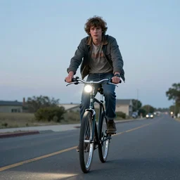 Finn WolfHard (Mike Weeler) from Stranger Things riding her bike in the middle of the street, the bike's flashlight illuminating the ground, the clear sky, realistic, extremely high details, photorealistic, 2022s, soft lighting, 4k, human photo