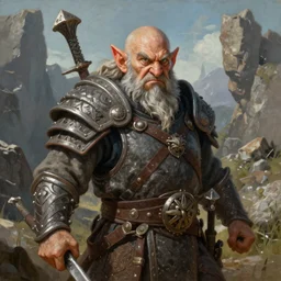 A realistic portrait painting of a furious dwarf warrior in a rocky landscape, unreal 5, DAZ, hyperrealistic