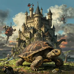 large castle on top of a giant tortoise similar to howls moving castle, kaiju, mortal engine, fantasy, hyper detailed, realistic