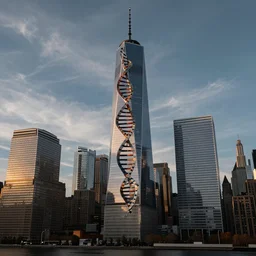 New York city, with one skyscraper in the shape of a DNA strand.