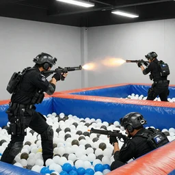 two elite teams of special forces operatives having a gun battle to the death in a giant ball pit