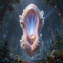 a delicate mtg illustration by charles vess of a distant huge vulva!!! - shaped sacred temple of smooth organic feminine architecture surrounded by forest,, floating in the astral plane and constructed of house - sized crystals, with the raised bulb of the vestibule revealing a glittering iridescent pearl emitting beams of laser