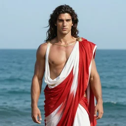 full body portrait of tommy martinez as a greek god. dressed!!!! red white toga. ocean background. long hair, detailed face, concept art, intricate, highly detailed 8 k, smooth, sharp focus, handsome and aesthetic shape of face and body, artgerm, artstation, art by zexi guo and nira and junpei suzuki and gharliera