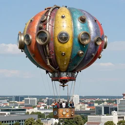 large colorful futuristic space age metallic steampunk steam - powered balloons with pipework and electrical wiring around the outside, and people on rope swings underneath, flying high over the beautiful berlin city landscape, professional photography, 8 0 mm telephoto lens, realistic, detailed, photorealistic, photojournalism