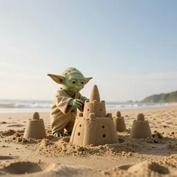 Yoda building a sand castle on the beach, wide shot, low angle, golden hour