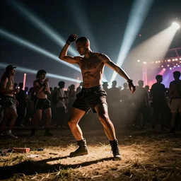 aphex twin - mogg dancing shirtless at a rave, dramatic angle