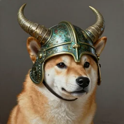 detailed photorealistic painting of shiba inu wearing a highly detailed ornamented bronze viking helmet with two horns on head, sharp focus in the style of ruan jia, Mandy jurgens, cinematic light, concept art, trending on artstation, ultra realistic