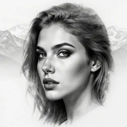 tattoo design sketch of an extremely beautiful woman face with a faded background of stunning mountain view on her side, hyper - realistic, double exposure, in the style of matteo pasqualin, amazing detail, black and white, faded