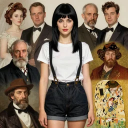 a woman with black hair and long pixie haircut in shorts with suspenders and white t-shirt drawn by Mary Cassatt, norman rockwell, frank frazetta, alphonso azpiri, maler collieri, peter paul rubens, alphonse mucha, gustav klimt 4k, unreal 5, DAZ, french noveau, trending on artstation, octane render, hyperrealistic