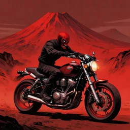 horror art, motorbiker from hell, red volcano peaks in the background, art by ismail inceoglu