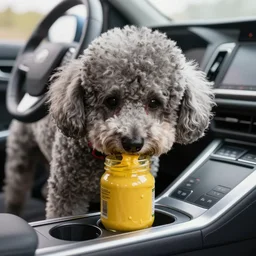 a closeup photorealistic photograph of a poodle eating from a jar of mustard on a prius dashboard. professional capture. brightly lit scene. this 4 k hd image is trending on artstation, featured on behance, well - rendered, extra crisp, features intricate detail, epic composition and the style of unreal engine.
