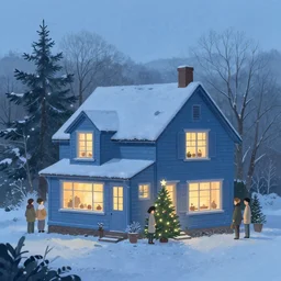 a small suburban house, dusty blue, at christmas. shutterstock. behance hd by lois van baarle, artgerm, helen huang, by makoto shinkai and ilya kuvshinov, rossdraws, illustration, art by ilya kuvshinov