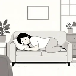 a still frame illustration, a sleeping person in a living room new yorker illustration, vector graphics, lineart, manga, tadanori yokoo, simplified, high details, ink, roy lichtenstein, american comics, flat graphics, fine details, studio ghibli, greyscale