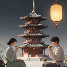 digital painting of a pagoda, tea drinking and paper lanterns