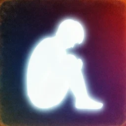 white glowing crying sitting down human male silhouette, ethereal, noisy image, deep colours, mesh gradients, vintage poster style, textures image 4 k