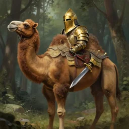 photo of a humanoid camel dressed in armor with a golden helmet on the head, hold sword in the forest, highly detailed, digital painting, artstation, smooth, sharp focus, illustration, art by artgerm and greg rutkowski and alphonse mucha