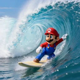 close up side view of mario, surfing inside the tube of a very large wave that's about to collapse. highly detailed, professional high quality 4 k, action shot, dramatic lighting