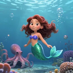 lofi underwater mermaid portrait with an octopus, Pixar style, by Tristan Eaton Stanley Artgerm and Tom Bagshaw.