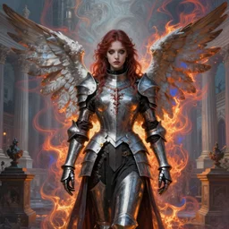 Angel knight gothic girl on a neoclassical city. By (Rembrandt painting(100)(fractal flame)), psychedelic, highly detailded