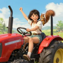 an epic fantasy comic book style portrait painting of a young girl driving a tractor, happy, a squirrel sits on her shoulder, awesome pose, character design by mark ryden and pixar and hayao miyazaki, unreal 5, daz, hyperrealistic, octane render, cosplay, rpg portrait, dynamic lighting, intricate detail, summer vibrancy, cinematic