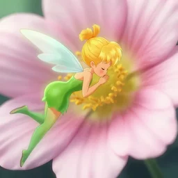 (small anime Tinkerbell) kissing a big flower, hyper realism, macro shot