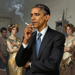 Barrack Obama pondering nuclear destruction smoking a cigarette, highly detailed, digital painting, artstation, concept art, smooth, sharp focus, illustration, art by artgerm and greg rutkowski and alphonse mucha and loish and WLOP