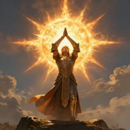 paladin of the sun starring at the sky, with arms up, praying at the sun, matte painting, fantasy art