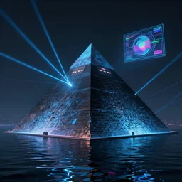 synthwave, retrowave, vaporwave picture of a pyramid in the water, lasers, a hologram by jeffrey smith, contest winner, computer art, 8 0 s nostalgia, geometry, shapes, album cover, night