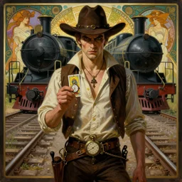 a dramatic ethereal epic symmetrical painting of a handsome villainous cowboy standing in front of railroad tracks with a train locomotive | his shirt is unbuttoned and he has a pocketwatch | tarot card, art deco, art nouveau, ( steampunk ), homoerotic, realistic | by mark maggiori and ( ( ( ( alphonse mucha ) ) ) | trending on artstation