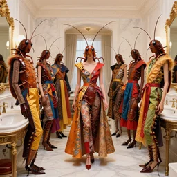 cockroaches organising a fashion show inside a bathroom, clothes made of cockroaches parts, cockroaches dressed as models, colourful fabrics, cockroaches modelling, inside the grand budapest hotel, five star fashion show, trending in fashion magazines.