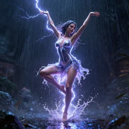 8 k, volumetric lightning, 3 d unreal engine octane render of miss of the world dancing in the rain, splash art, expressive, passionate, by conrad roset