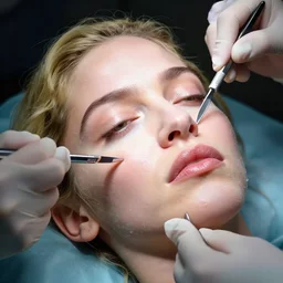 madonna performs cosmetic surgery on her own face with a scalpel. detailed. translucent