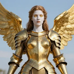 portrait of fully armored valkyrie, norse myth, brass plated, golden wings, divine vibes, light brown hair, white skin, shiny golden eyes, pretty, sky background, sharp focus, highly detailed, cinematic lighting, studio quality, smooth render, unreal engine 5 rendered, octane, rendered, by artgerm, greg rutkowski, alphonse mucha