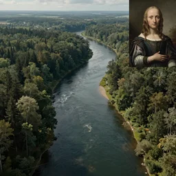 air view of a long sinuous river going through a forest, parallel realities, 3 d photorealistic octane render, 8 k, sharp focus, dramatic lighting, ambient lighting, surrealist renaissance painting, by michael kutsche, by artgerm and tim burton