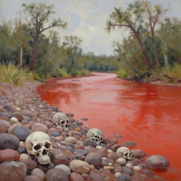 red river with skull shaped pebbles on the shore surrounded by spikey trees, landscape, oil painting