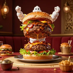 portrait of a super tall michelin - star perfect greasy burger collapsing on an amazingly decorated table, professional food photography, captivating, rule of thirds, majestic, octane render, 1 0 mm lens