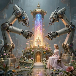 ai machine god, hearth of the machine in solarpunk style, energy core, cybernetic shrine, flowers, dainty factory, huge robot arms assembling a dainty android lady, realistic shaded lighting, magali villeneuve, artgerm, rutkowski