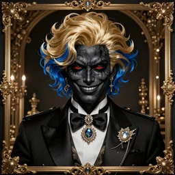 Deception and detective thriller with black smirk and gold blue hair, insanely detailed and intricate, hypermaximalist, elegant, ornate, luxury, elite,