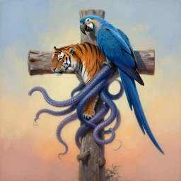 painting of cross between tiger & blue macaw, intercrossed animal with tentacles, by zdzislaw beksinski, by tiffany bozic, cold hue's, warm tone gradient background, concept art, beautiful composition, digital painting,