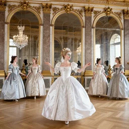 in the versailles hall of mirrors, queen marie - antoinette dances in the foreground with her ladies - in - waiting at a venician masked ball. all high ladies are dressed in opulent robes embroidered with glittering sequins. the hall of mirrors features ornate crystal chandeliers with glowing candles and golden ornaments. photorealism red velvet curtains on the windows with night lights outside