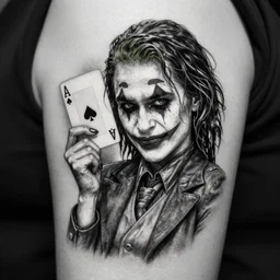 a tattoo design of a joker girl holding an ace, hyper realistic, black and white